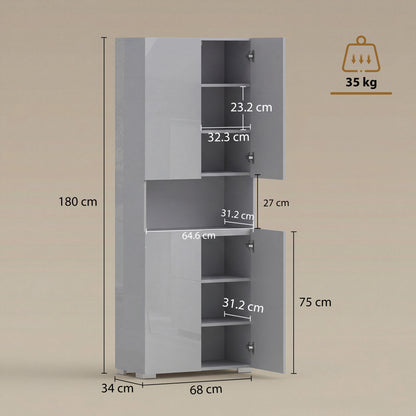 HOMCOM 180 cm Tall Kitchen Cupboard, Pantry Storage Cabinet with Soft Close Doors and Adjustable Shelves, High Gloss Grey