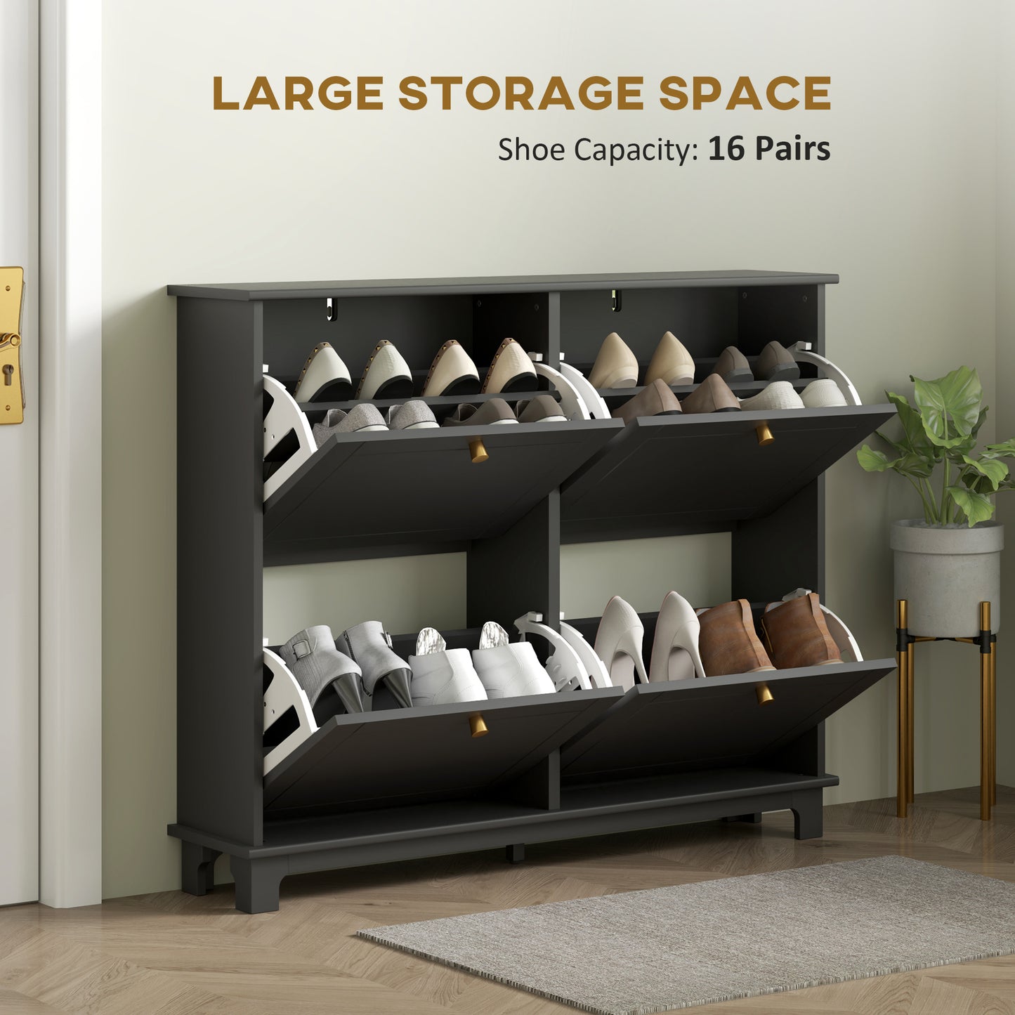 HOMCOM Narrow Shoe Storage Cabinet, Slim Shoe Cabinet with 4 Flip Drawers, Adjustable Shelves for 16 Pairs of Shoes, Black