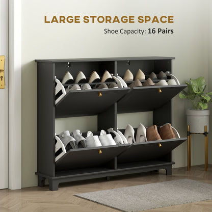 HOMCOM Narrow Shoe Storage Cabinet, Slim Shoe Cabinet with 4 Flip Drawers, Adjustable Shelves for 16 Pairs of Shoes, Black