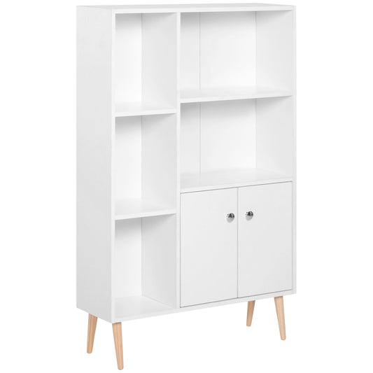 HOMCOM Sideboard Storage Cabinet Cupboard, Open Bookcase with 2 Doors 5 Compartments Wooden Modern Style for Living Room Bedroom Kitchen 80 x 23 x 123 cm, White--ChewyGames-ChewyGames