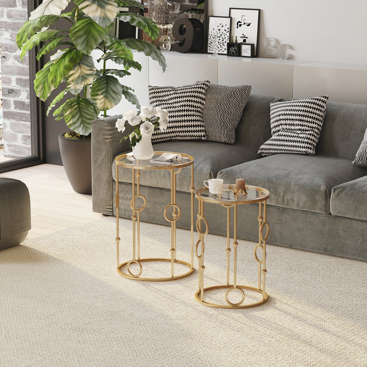 HOMCOM Nesting Round Coffee Table Set of 2 - Gold Tone