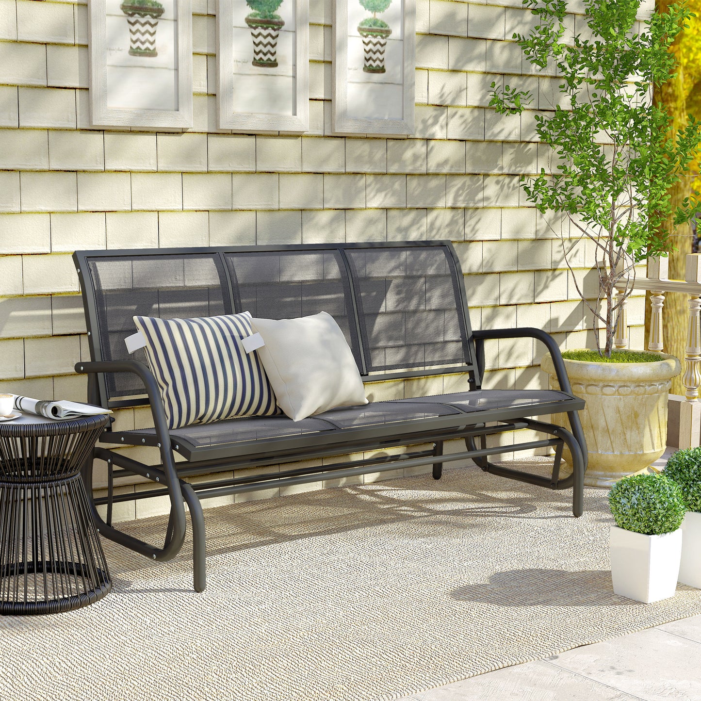 Outsunny 3-Seat Glider Rocking Chair for 3 People Garden Bench Patio Furniture Metal Frame, Grey