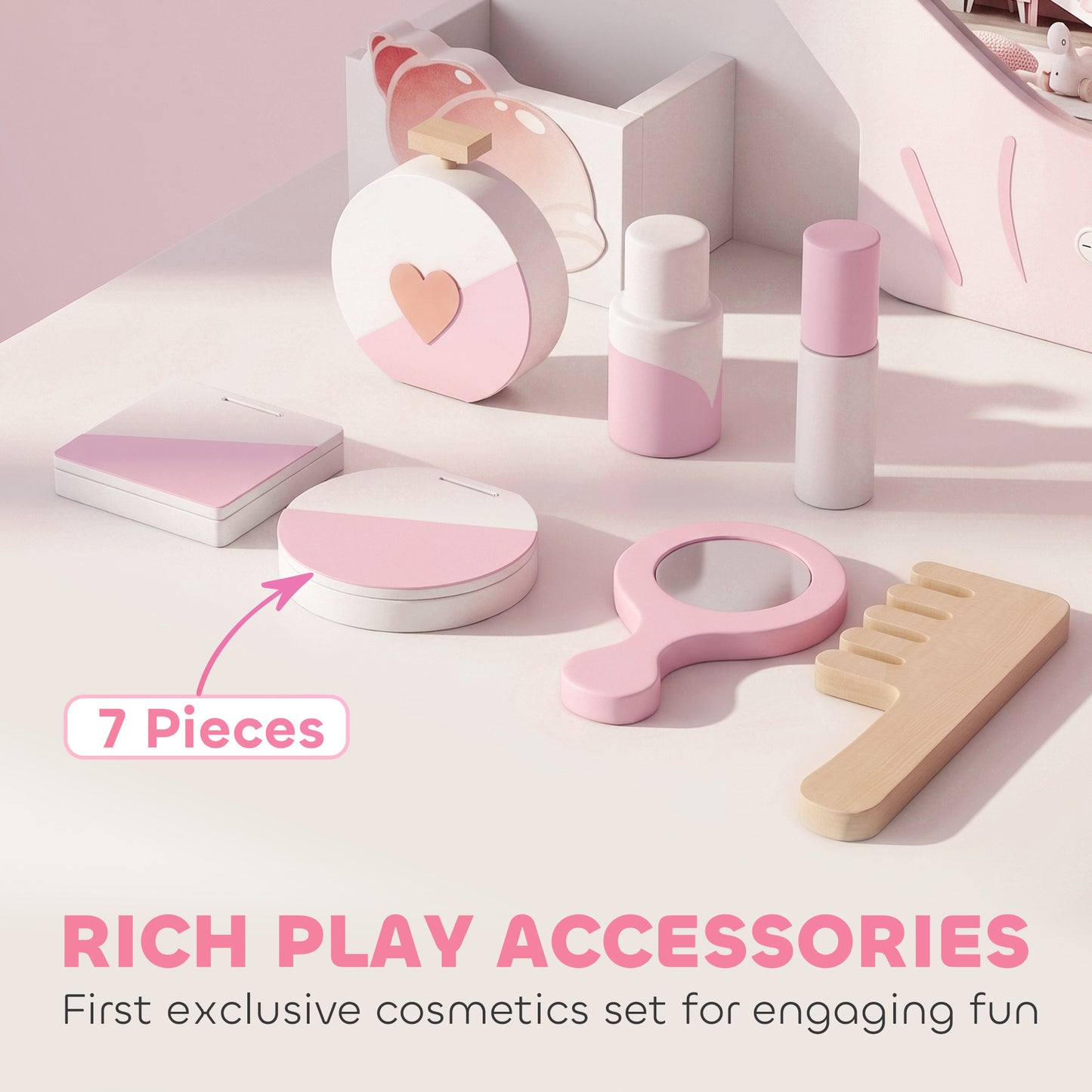 AIYAPLAY Kids Vanity Set, Kids Dressing Table with Chair, Acrylic Mirror, Lighted Bulbs, 7-Piece Accessories, for 3-8 Years, Pink