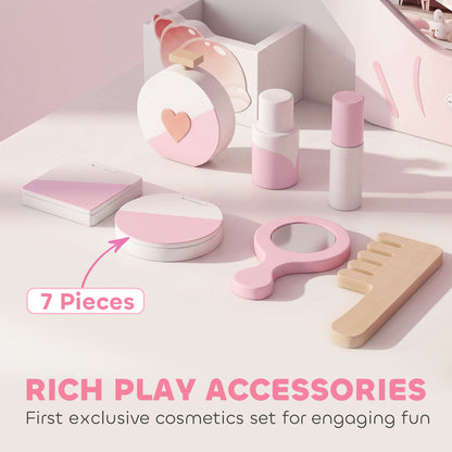 AIYAPLAY Kids Vanity Set, Kids Dressing Table with Chair, Acrylic Mirror, Lighted Bulbs, 7-Piece Accessories, for 3-8 Years, Pink