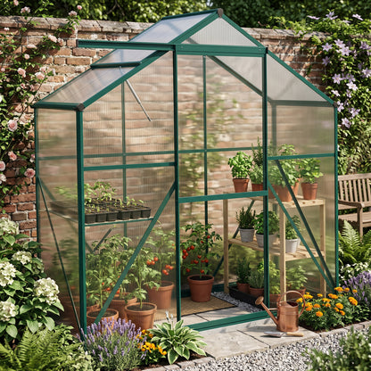 Outsunny 6 x 2.5ft Polycarbonate Greenhouse Walk-In Green House with Rain Gutter, Sliding Door, Window, Foundation, Green