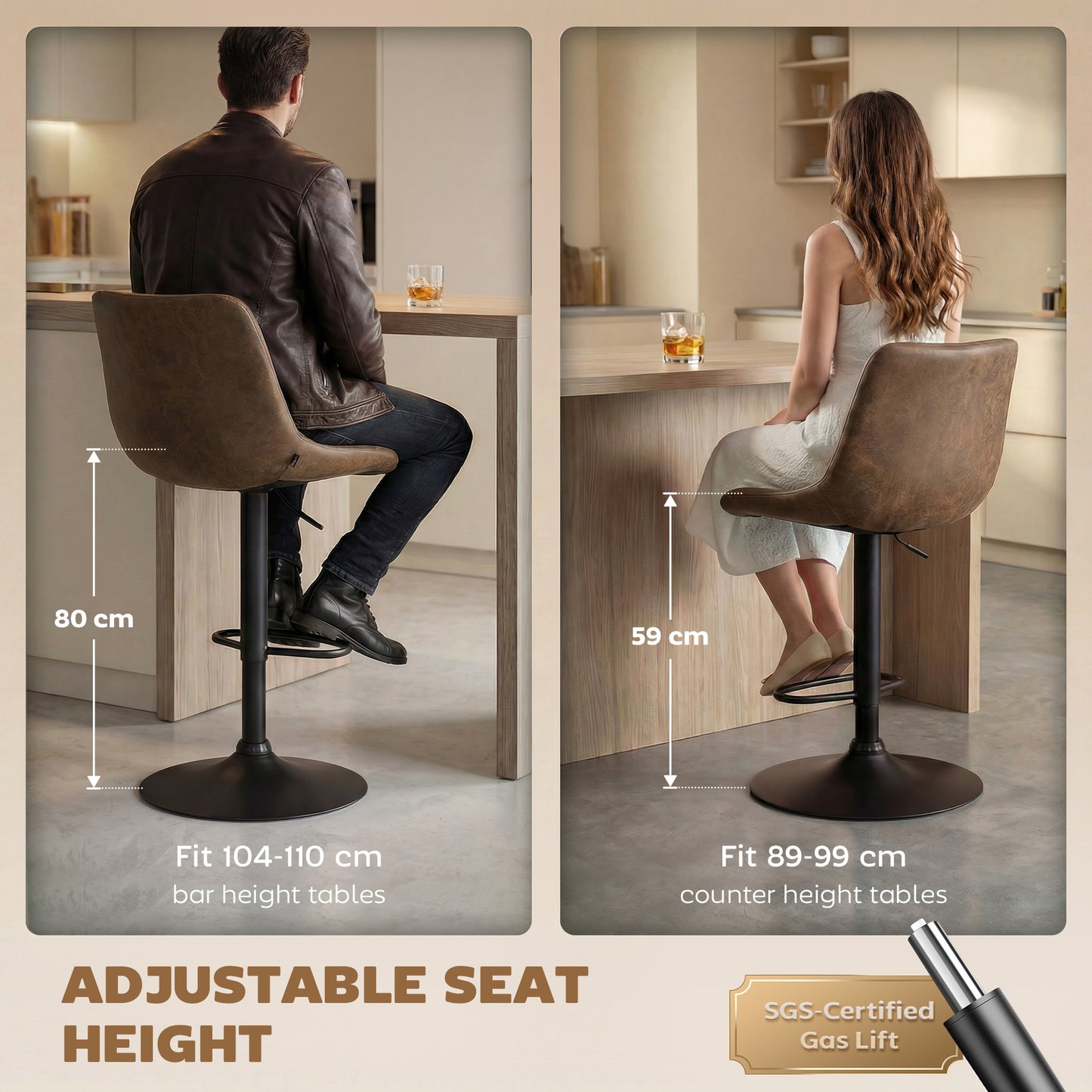 HOMCOM Breakfast Bar Stools Set of 2, 59-80cm Sitting Hight Leather Upholstered Bar Chairs - Brown
