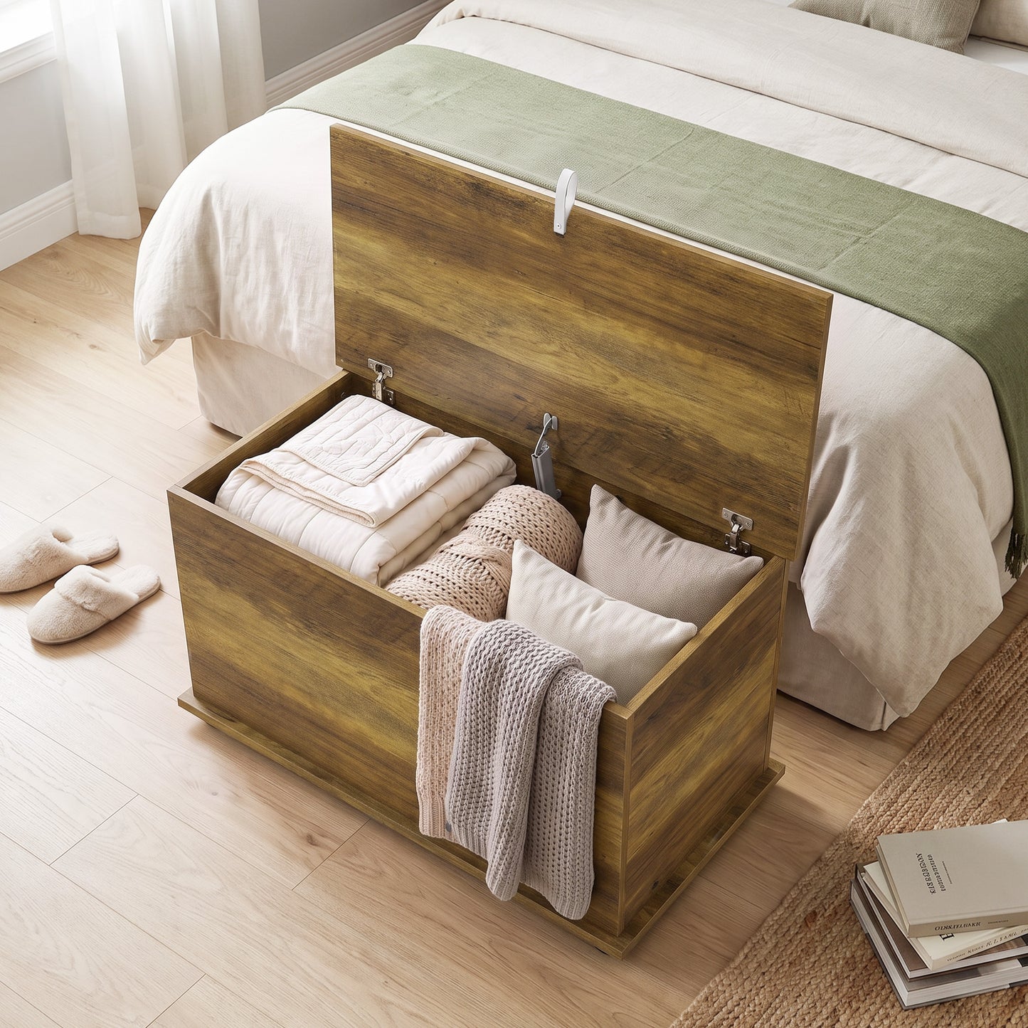 HOMCOM Storage Chest, 102L Blanket Box, Shoe Bench Safety Hinged Lid, Bed End Bench for Bedroom, 80 x 40 x 45cm, Brown