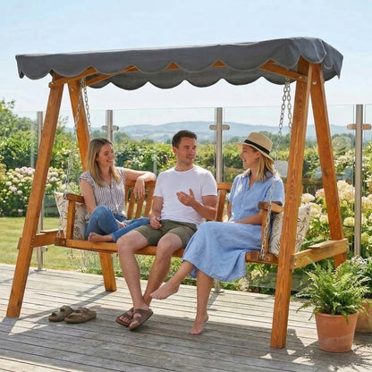 Outsunny 3 Seater Garden Swing Seat with Canopy, Wooden Swing Chair, Outdoor Hammock Bench for Balcony Patio Porch, Dark Grey