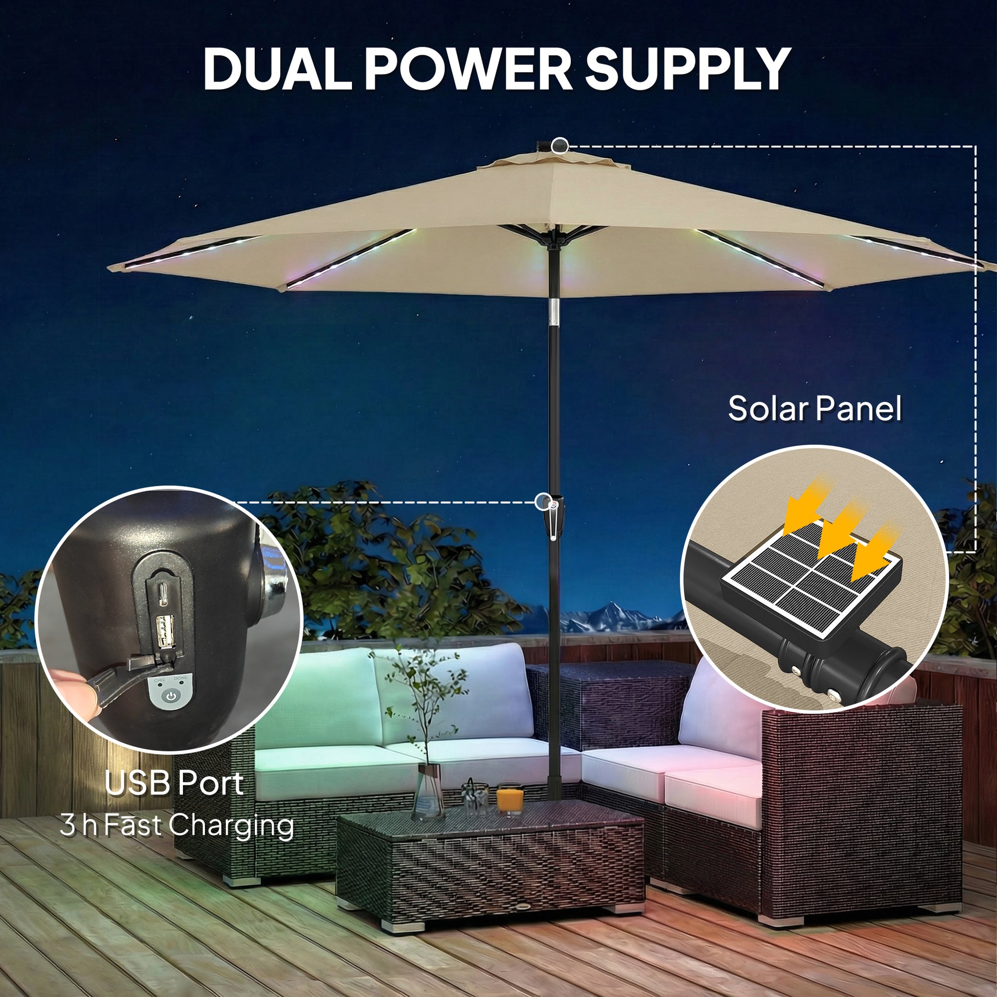 Outsunny 3 m Garden Parasol Umbrella with 112 Solar Powered LED Lights, Patio Umbrella with Crank Handle, Beige--ChewyGames-ChewyGames