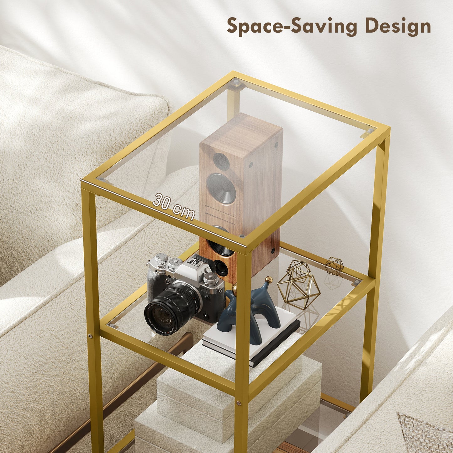 HOMCOM 4-Tier Shelving Unit, Glass Shelf, Vertical Storage Shelf for Living Room, Home Office, Bedroom, Bathroom, Gold Tone