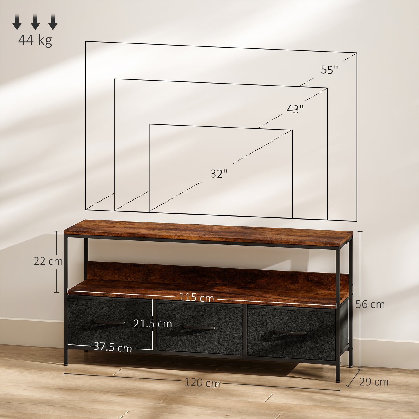 HOMCOM TV Stand Cabinet with 3 Foldable Drawers - Rustic Brown