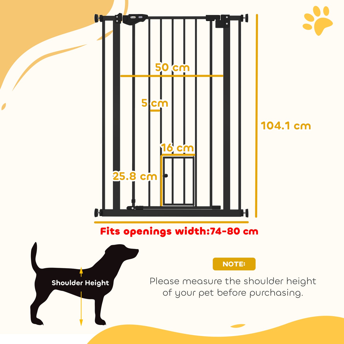 PawHut Extra Tall Pet Gate, Indoor Dog Safety Gate, with Cat Flap, Auto Close, 74-80cm Wide - Black--ChewyGames-ChewyGames
