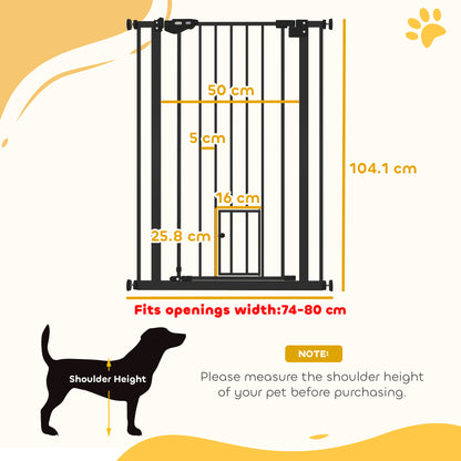 PawHut Extra Tall Pet Gate, Indoor Dog Safety Gate, with Cat Flap, Auto Close, 74-80cm Wide - Black--ChewyGames-ChewyGames
