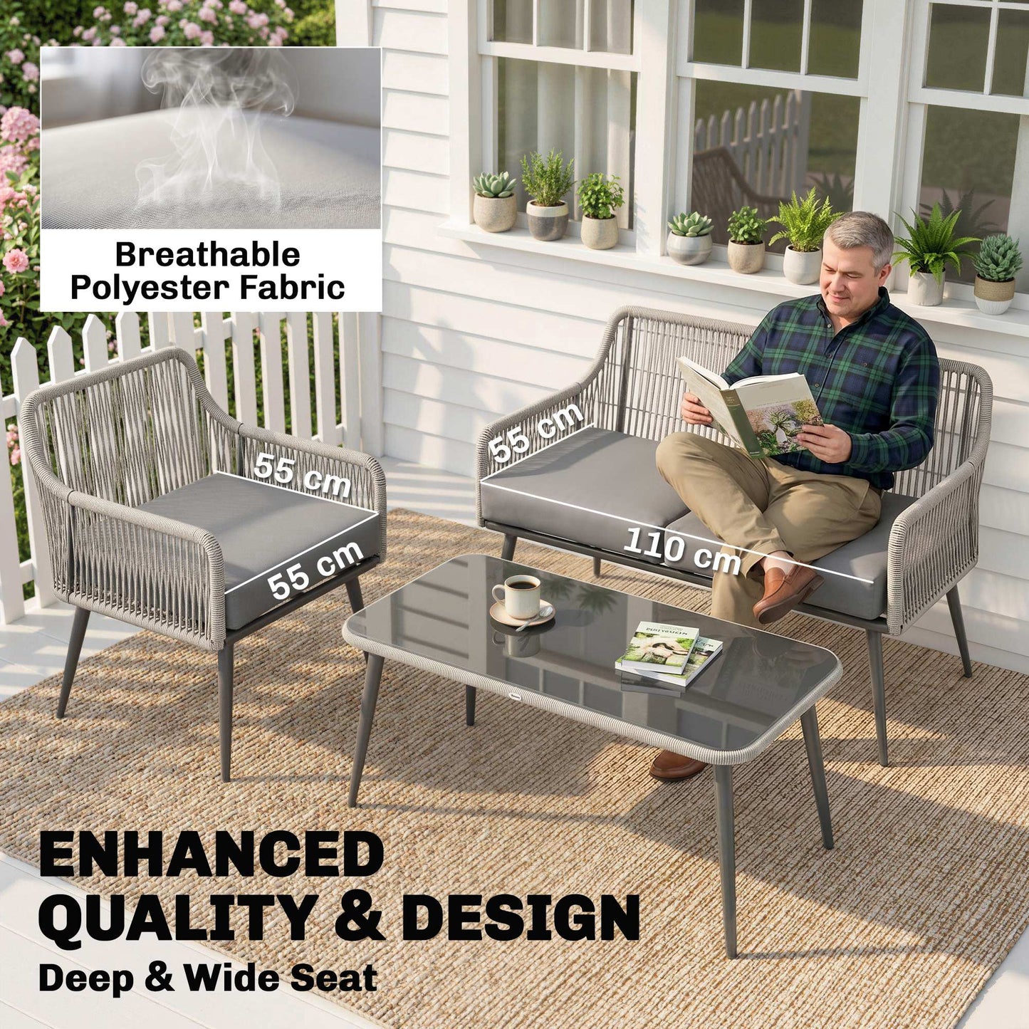 Outsunny Rattan Garden Furniture Set, 4 Piece Outdoor Patio Furniture with Tempered Glass Table and Chairs, Indoor Balcony Conservatory Set