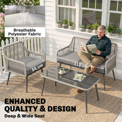 Outsunny Rattan Garden Furniture Set, 4 Piece Outdoor Patio Furniture with Tempered Glass Table and Chairs, Indoor Balcony Conservatory Set