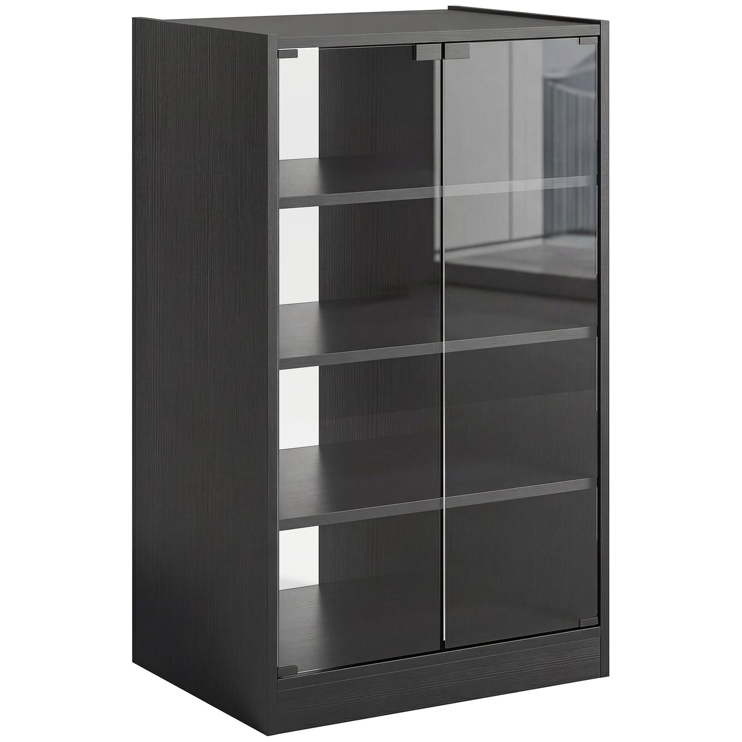 HOMCOM 4-Tier Hi-Fi Stand,  Record Player Stand with Adjustable Shelves and Push-to-Open Glass Doors, Black Wood-Effect