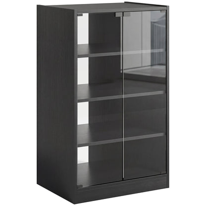 HOMCOM 4-Tier Hi-Fi Stand,  Record Player Stand with Adjustable Shelves and Push-to-Open Glass Doors, Black Wood-Effect