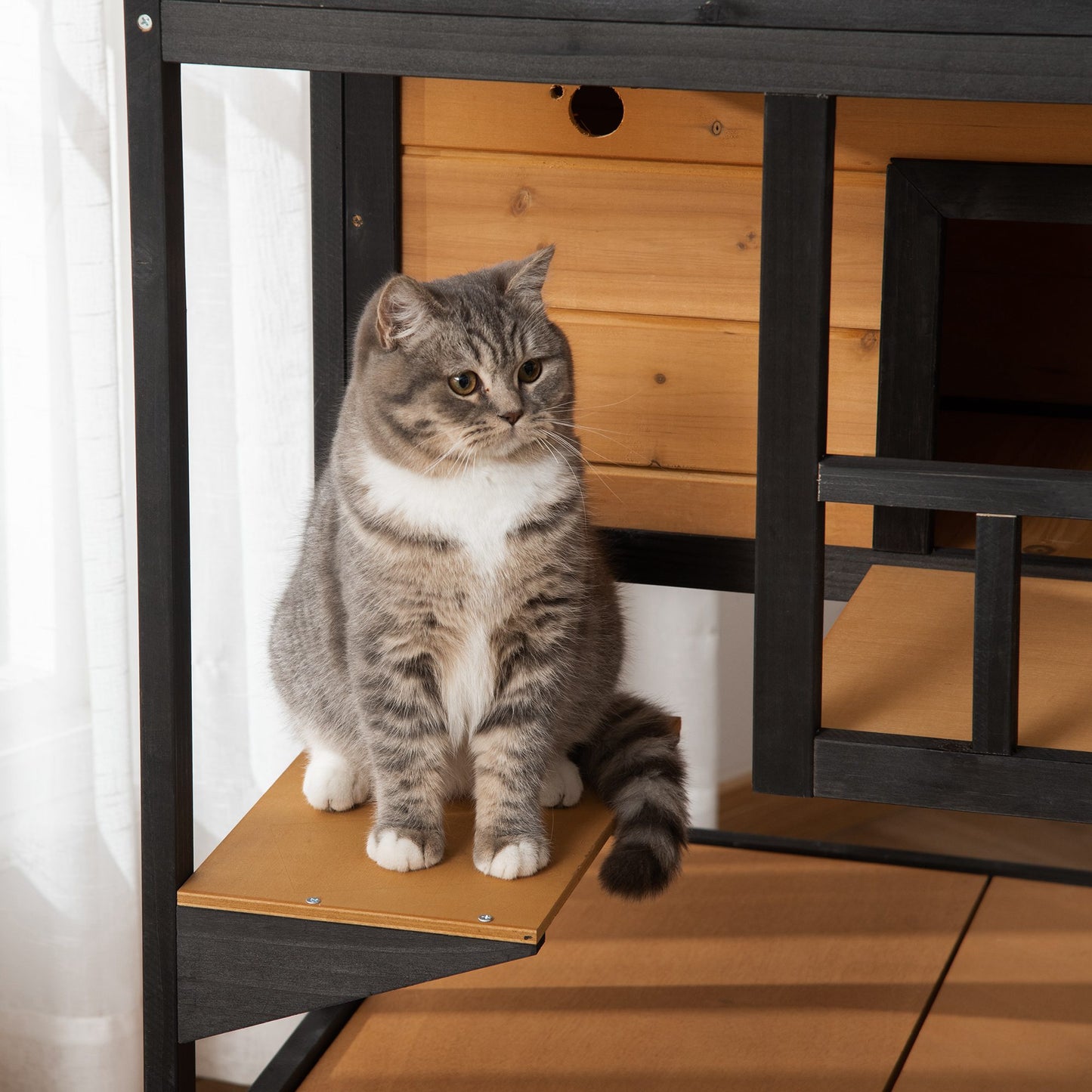 PawHut Wooden Outdoor Cat House, 3-Tier Cat Shelter with Tilted Roof, Terrace, Jump Step, Bottom Tray, Yellow