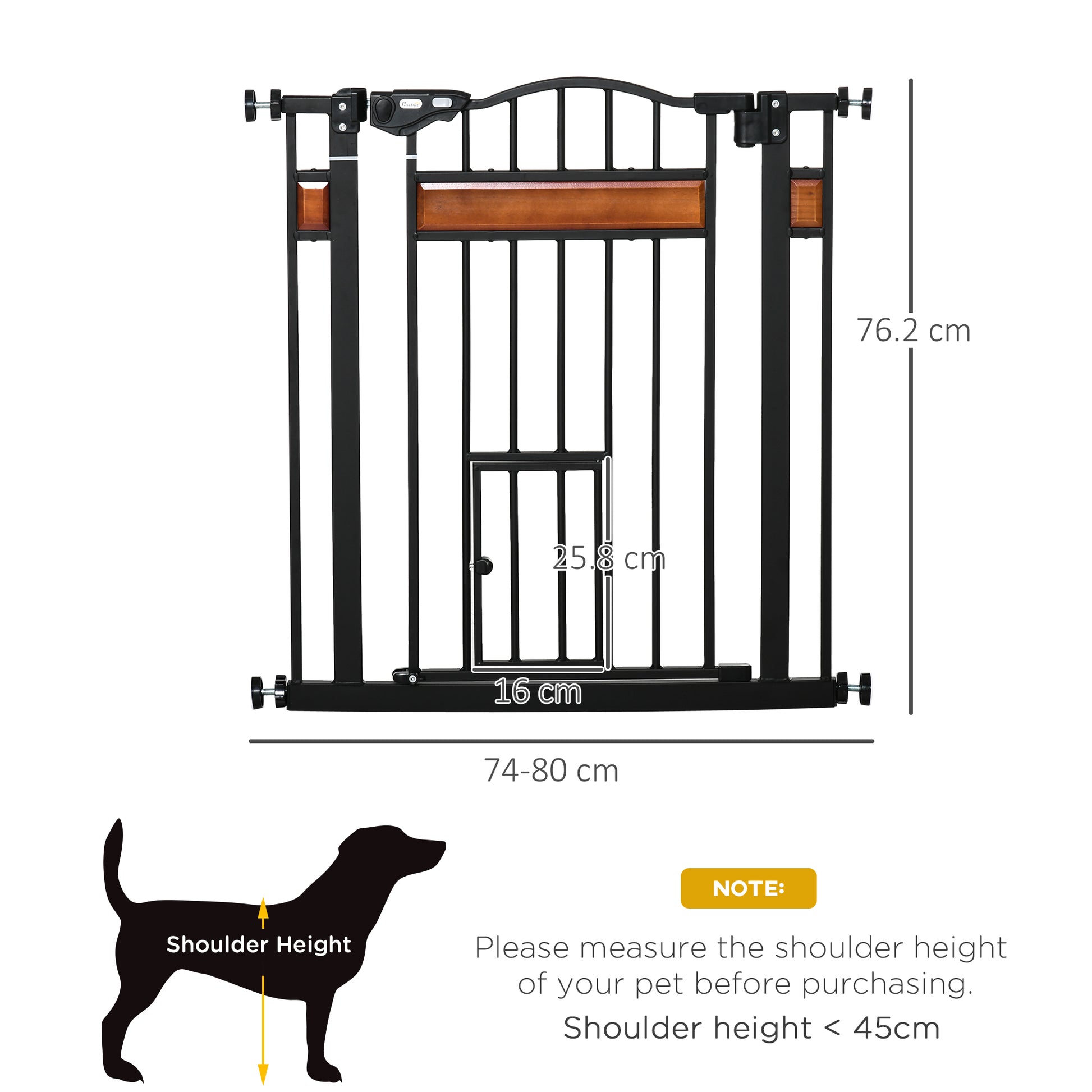 PawHut Pet Gate Safety Gate, with Cat Flap, Auto Close, for Staircases, Doorways, Hallways, 74-80cm Wide - Black--ChewyGames-ChewyGames