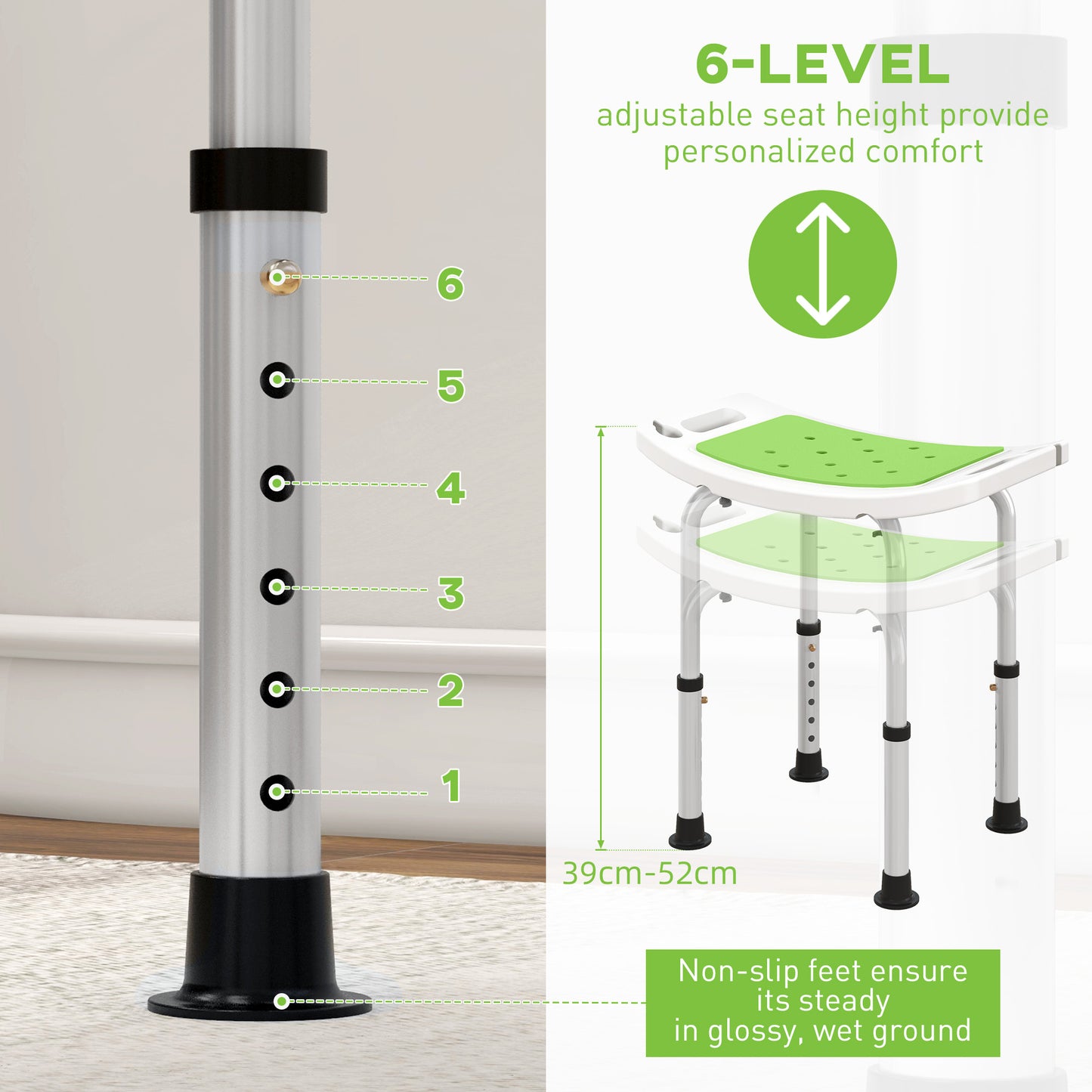 HOMCOM Shower Chair, Adjustable Height Shower Stool with Aluminium Frame and Non-Slip Feet, Bathtub Stool Seat with Padded Seat for Elderly Disabled Handicap, Green
