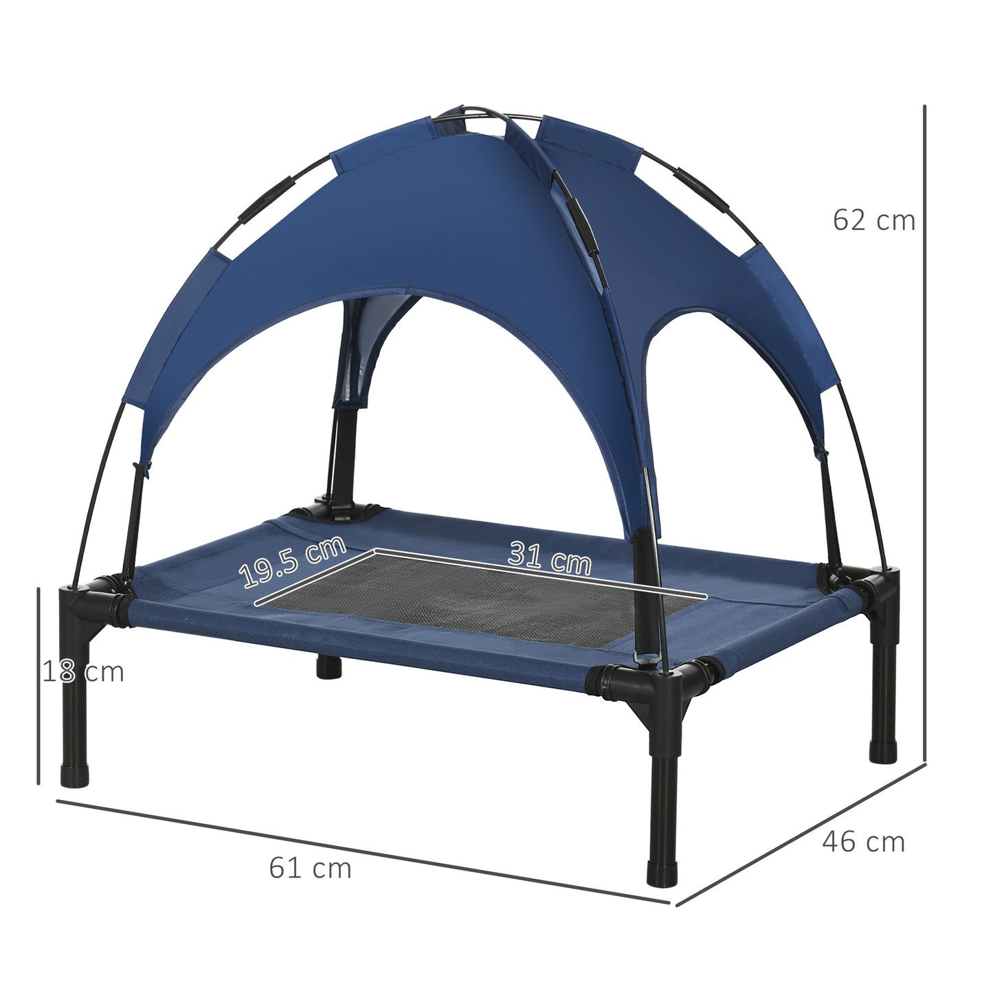 PawHut Outdoor Dog Bed with Removable Canopy, Portable Raised Dog Bed for Camping, Garden & Beach, Water-Resistant UV-Protection Mesh Pet Cot Sun Lounger, for Small Pets, 61 x 46 x 62 cm, Dark Blue