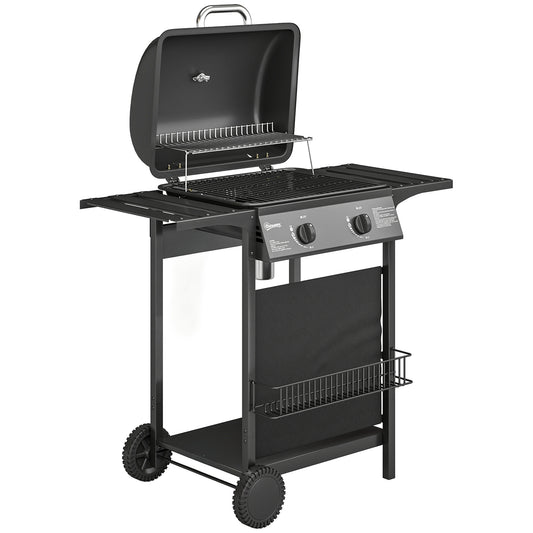 Outsunny Gas Burner Barbecue Grill, 2 Burner Gas Grill with Side Tables, Warming Rack, Shelf, Thermometer, Grease Tray, Black