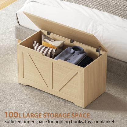 HOMCOM 100L Home Storage Box, with Safety Hinges - Natural Wood Finish--ChewyGames-ChewyGames