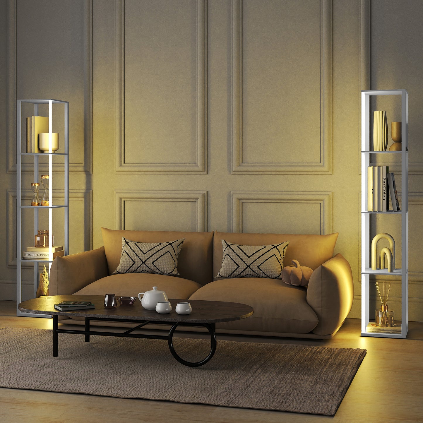 HOMCOM RGB LED Floor Lamp with Shelves, Modern Dimmable Standing Lamp with Remote Control, Adjustable Brightness & Speed for Living Room, Bedroom, Office, White