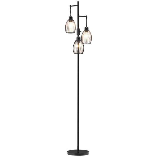 HOMCOM 3-Light Floor Lamp, 170cm Industrial Dimmable Standing Lamp with Steel Wire Cage Lampshades for Living Room, Bedroom, Dining Room, Study, Bulb Not Included, Black