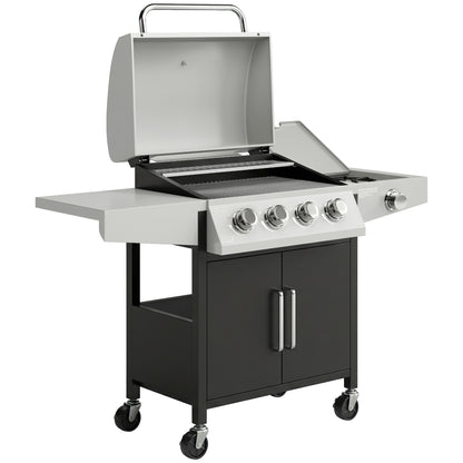 Outsunny 4+1 Burner Gas BBQ Grill with Side Burner, 14.5 kW Steel Portable Gas Barbecue Grill with Built-in Thermometer, Lid