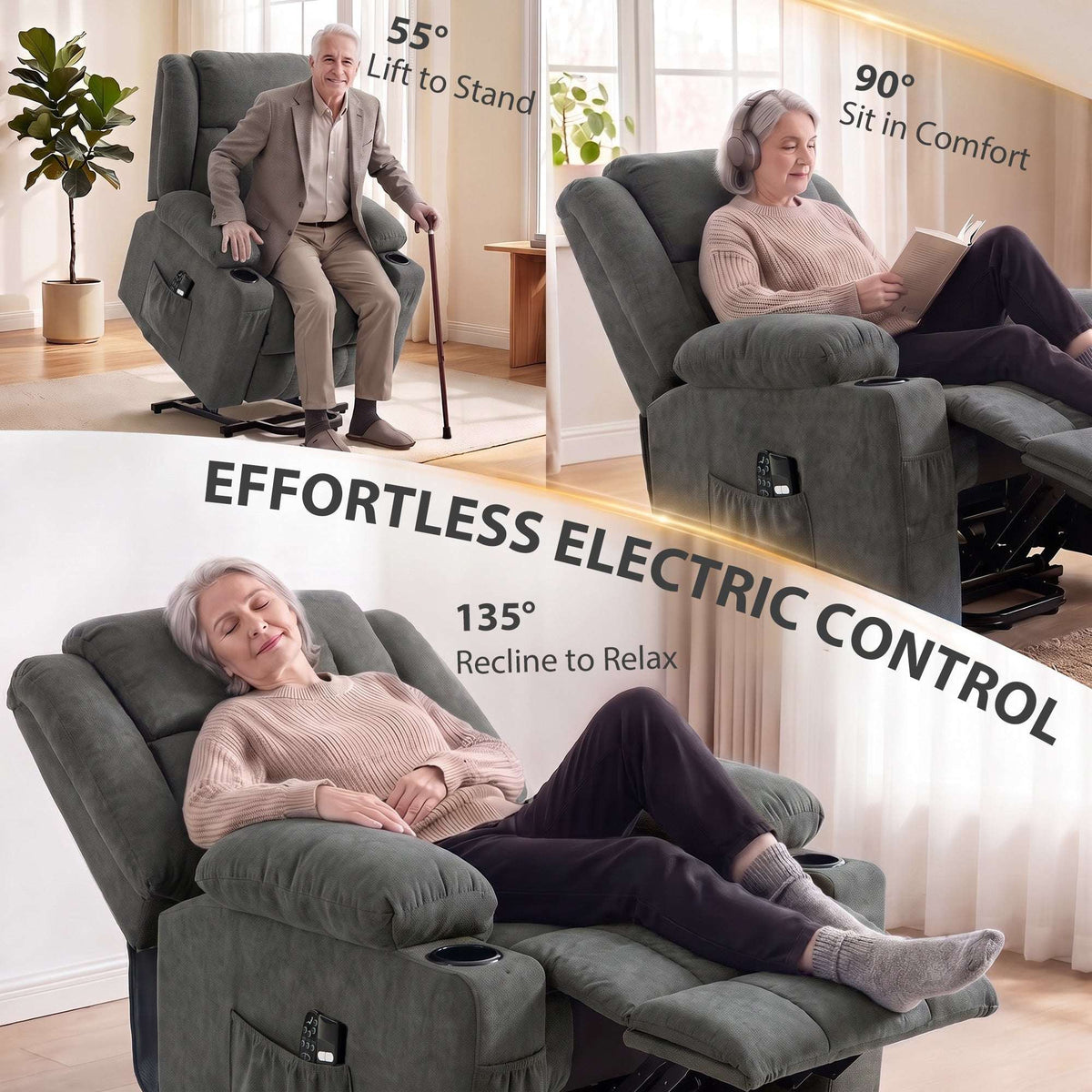 HOMCOM Dual Motor Recliner Chair, 55° Electric Lift Chair for Elderly, Recliner Armchair with Massage and Heat, Dark Grey