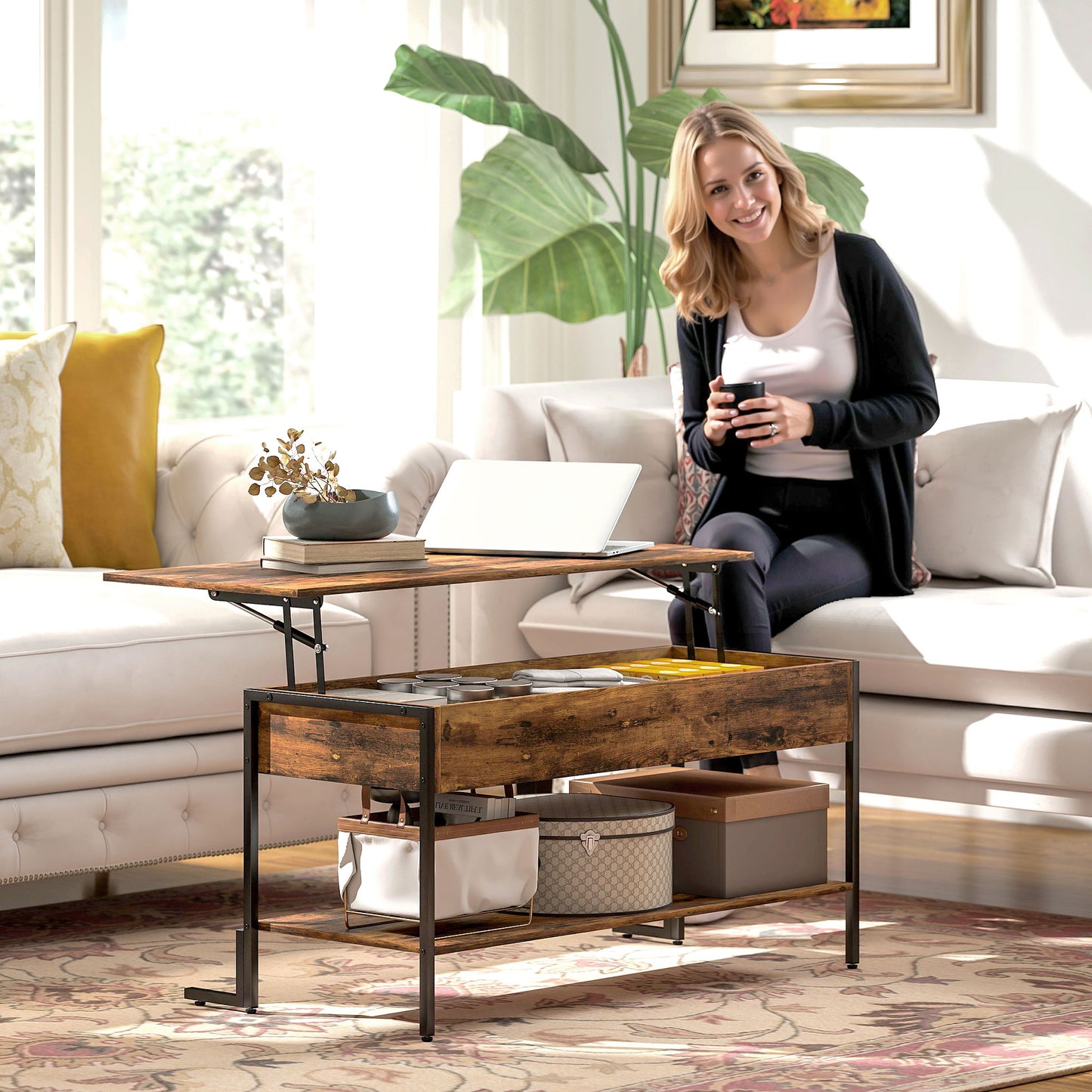 HOMCOM Lift-Top Coffee Table, with Storage - Rustic Brown