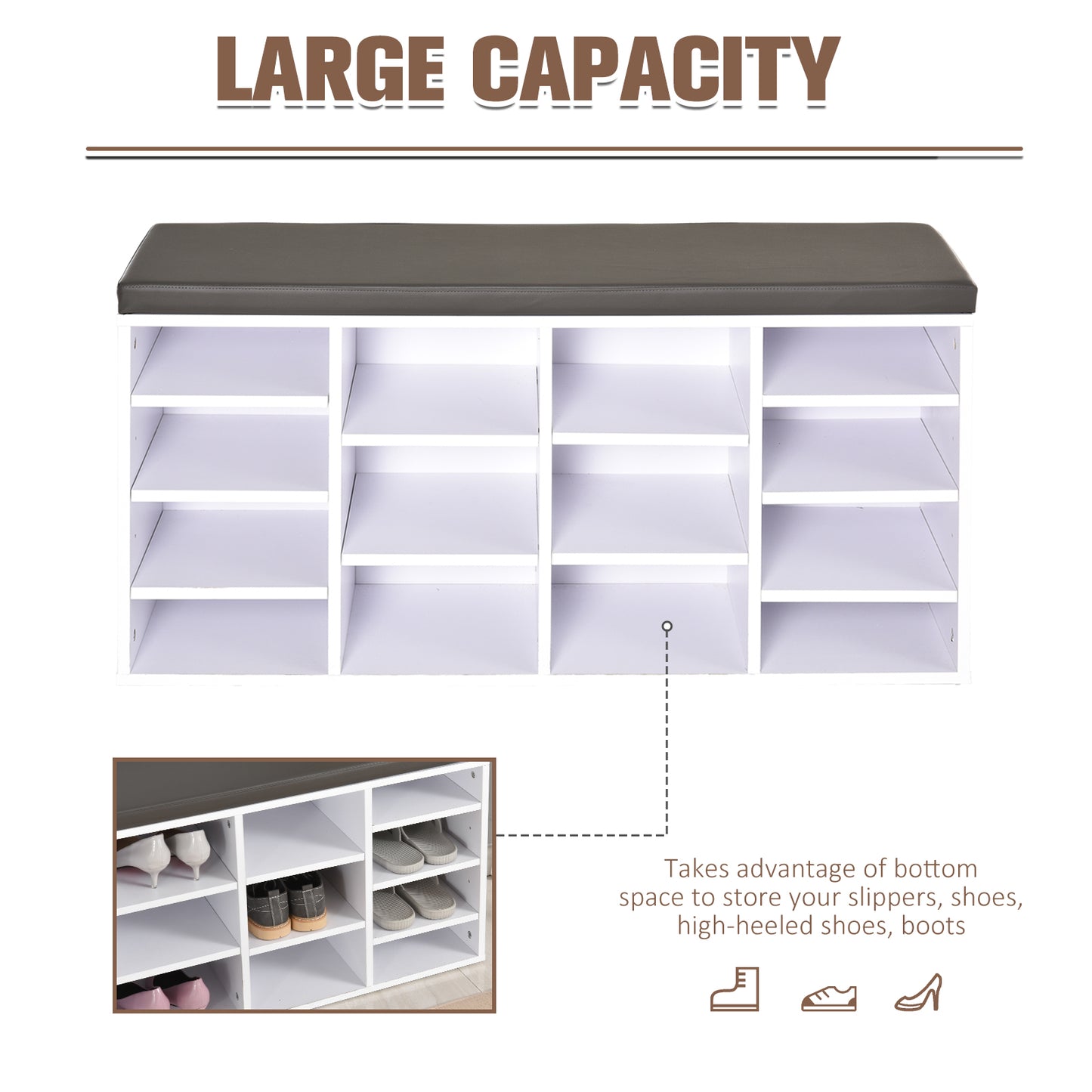 HOMCOM Multi-Storage Shoe Rack with 14 Compartments Cushion Moving Shelves, Solid Frame Foot Pads, White