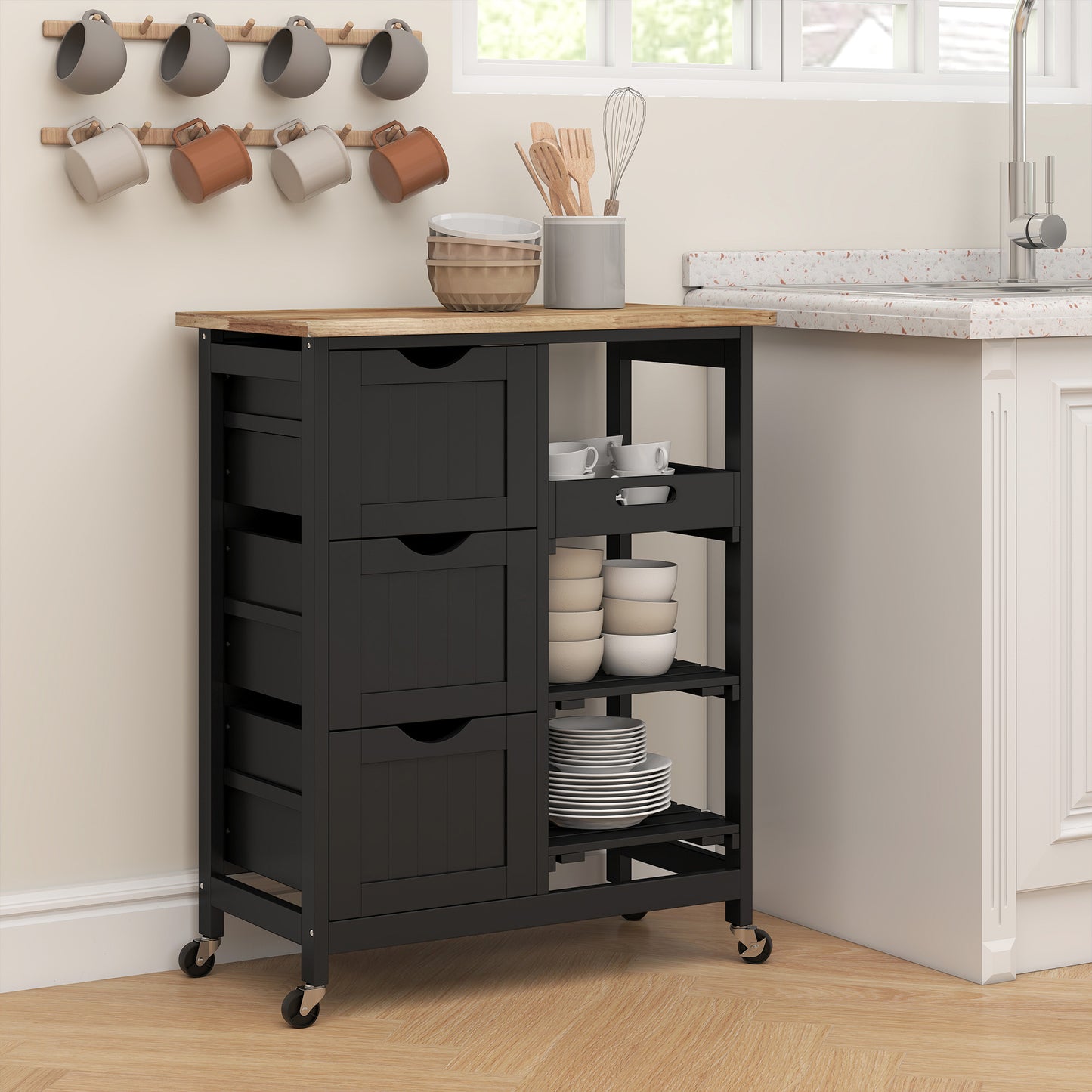 HOMCOM Rolling Kitchen Island Cart, Bar Serving Cart, Compact Trolley on Wheels with Wood Top, Shelves & Drawers for Home Dining Area, Black