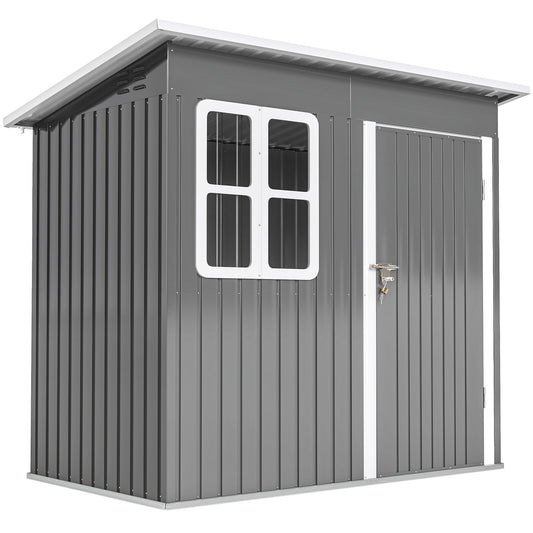 Outsunny 7 x 4ft Eco-friendly Galvanised Steel Garden Shed, with Lock and Gloves, 40kg/㎡ Snow Capacity - Grey