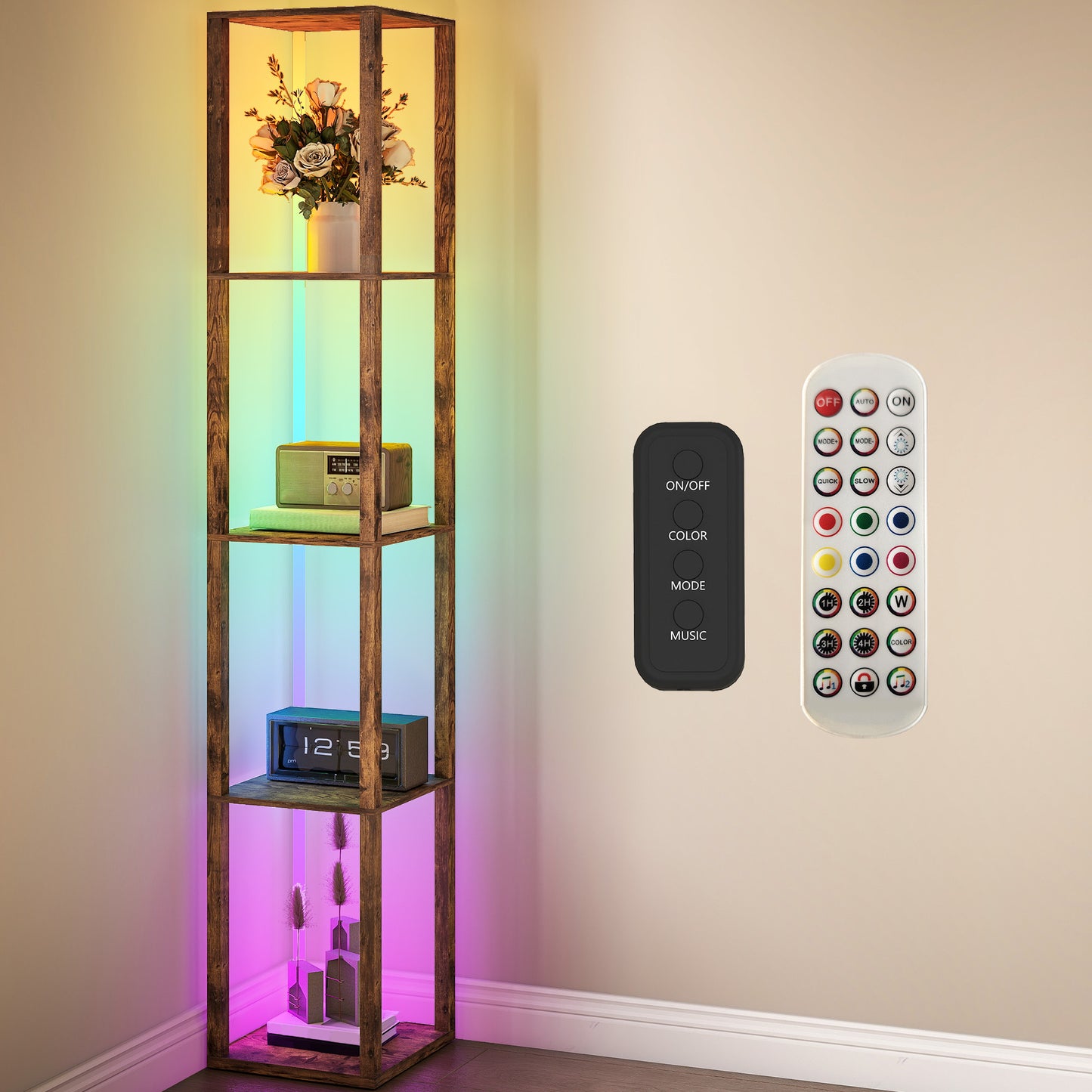 HOMCOM RGB LED Floor Lamp with Shelves, Modern Dimmable Standing Lamp with Remote Control, Adjustable Brightness & Speed for Living Room, Bedroom, Office, Rustic Brown