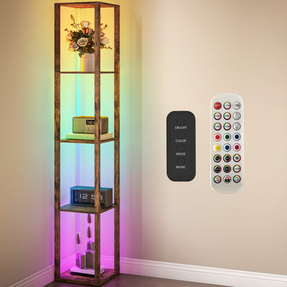 HOMCOM RGB LED Floor Lamp with Shelves, Modern Dimmable Standing Lamp with Remote Control, Adjustable Brightness & Speed for Living Room, Bedroom, Office, Rustic Brown