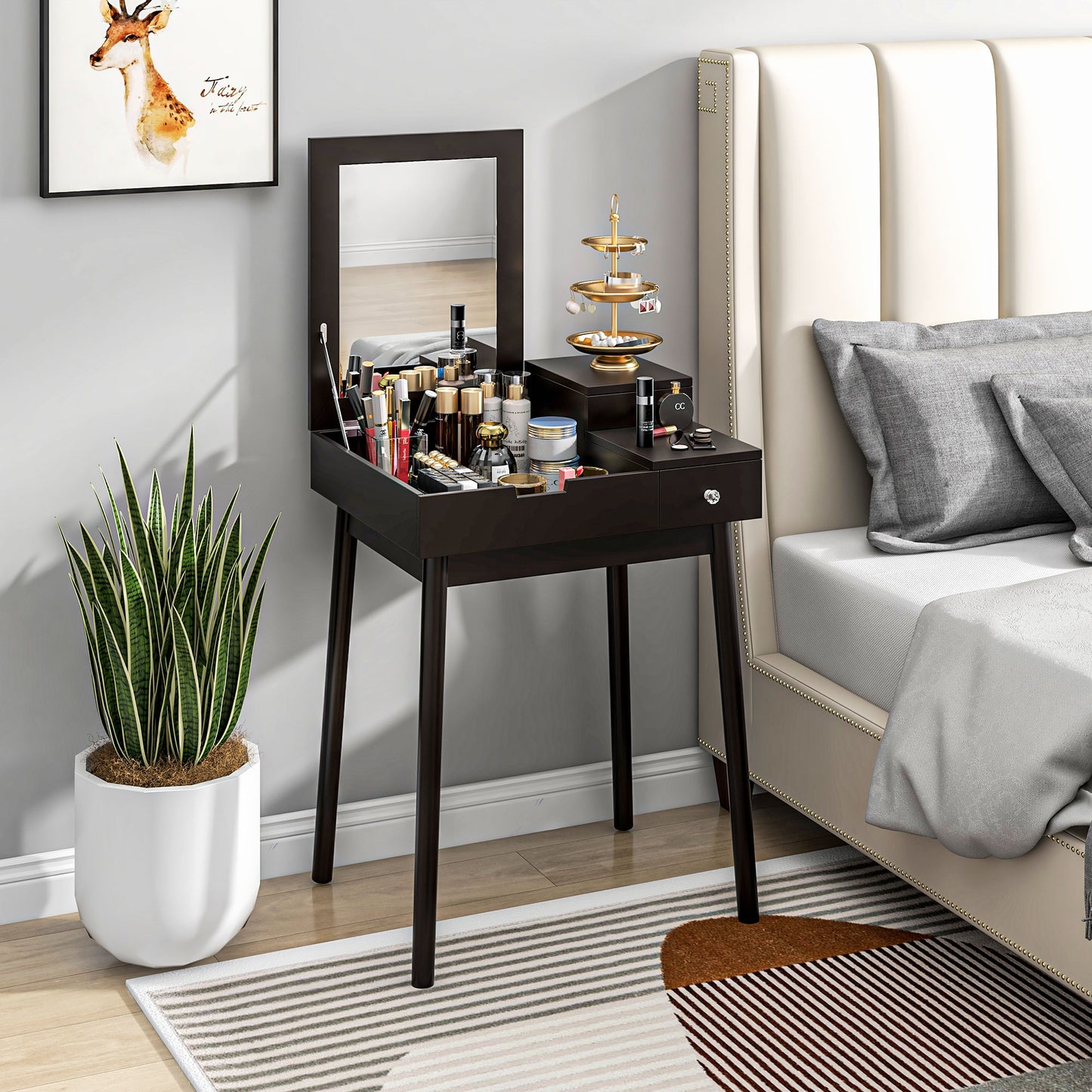 HOMCOM Dressing Table with Flip-up Mirror, Makeup Desk with 2 Drawers and Pine Wood Legs, Vanity Table Writing Desk for Bedroom Living Room, Black