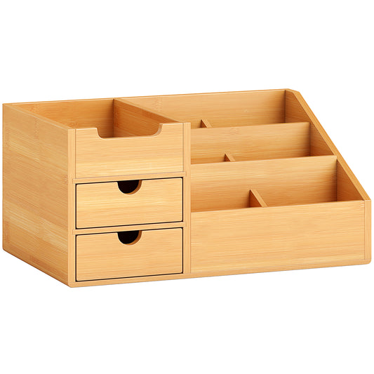 HOMCOM Desk Organiser Holder, Bamboo Multi-Function Storage Caddy with 7 Storage Compartments and 2 Drawers for Home Office Stationary Supplies, Natural Bamboo--ChewyGames-ChewyGames
