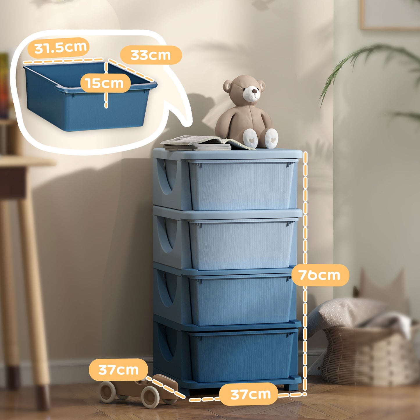 HOMCOM Four-Tier Kids Storage Boxes, with Four Drawers - Blue
