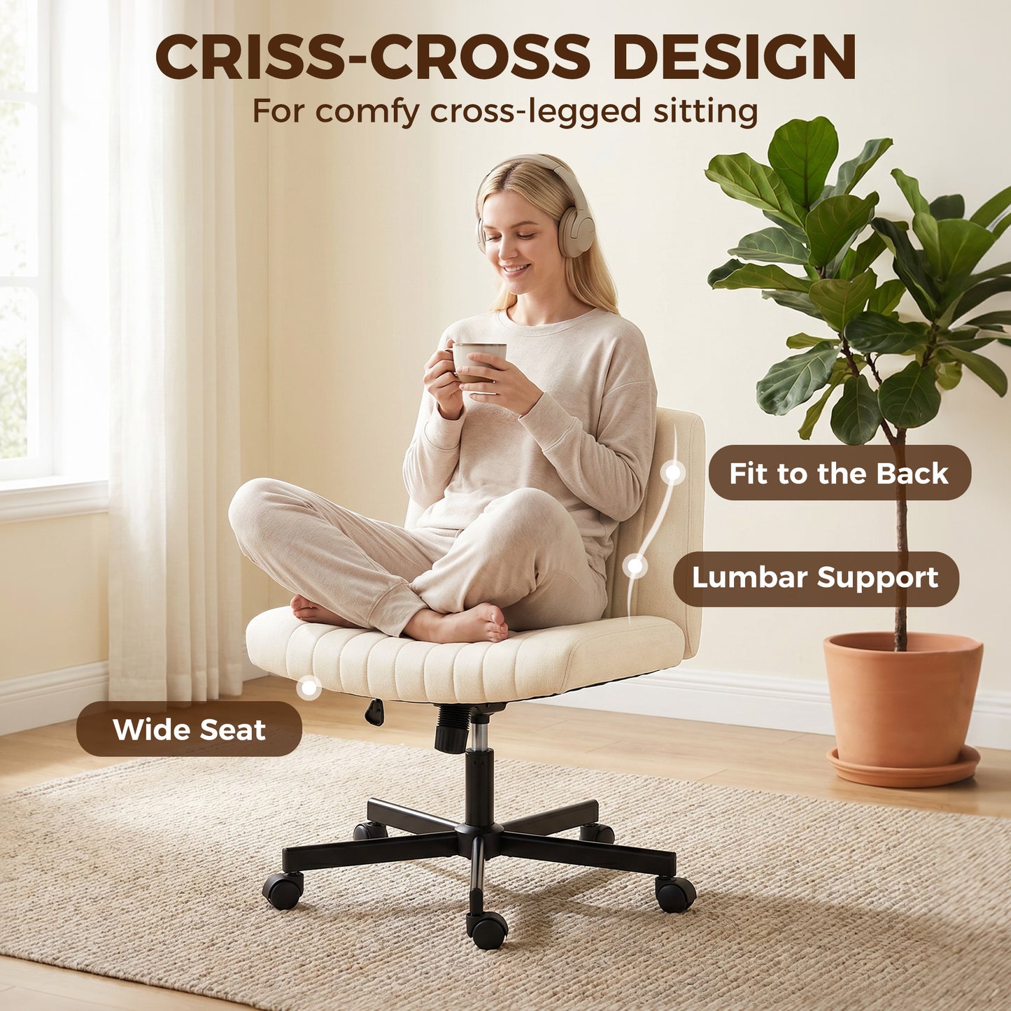 HOMCOM Imitation Linen Criss Cross Legged Desk Chair, Armless Office Chair with Wheels, Green