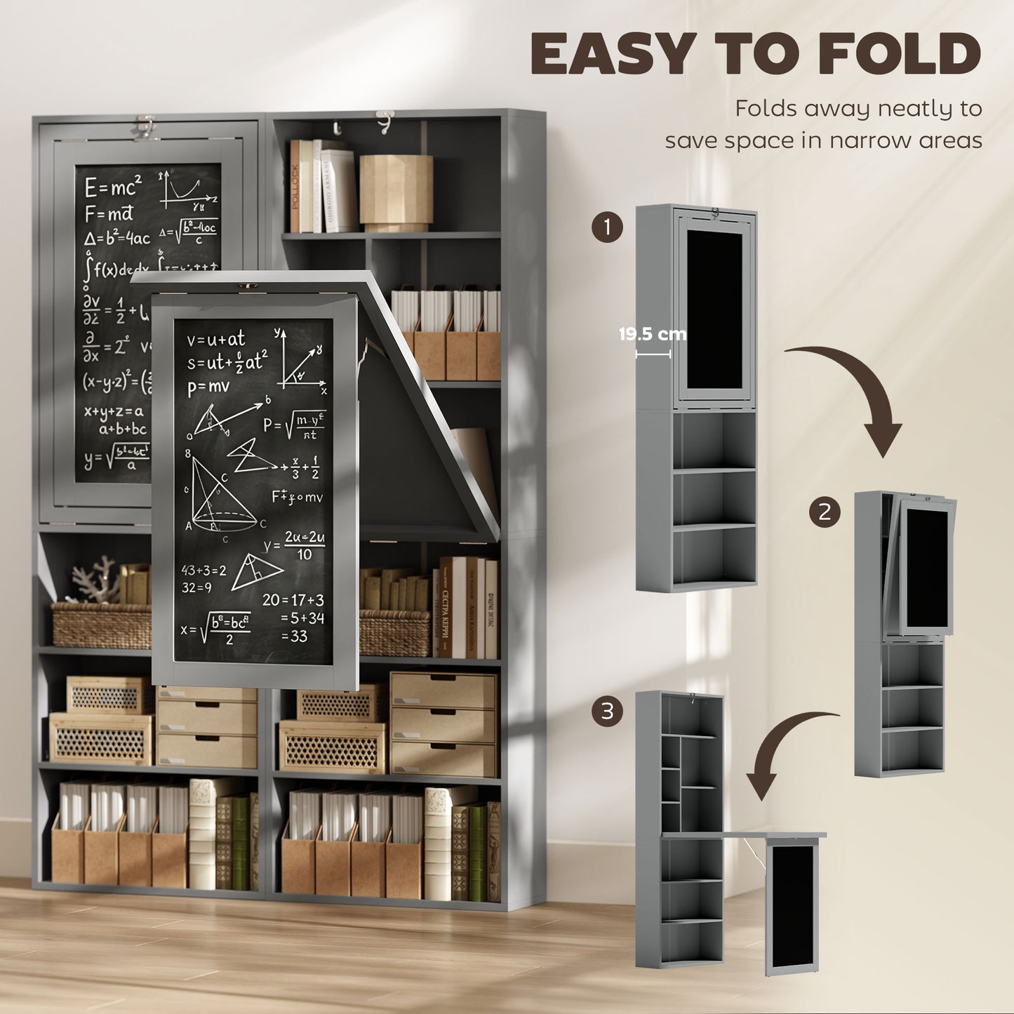 HOMCOM Folding Convertible Desk with Blackboard Multi-function Computer Office Workstation Side Shelf, Grey
