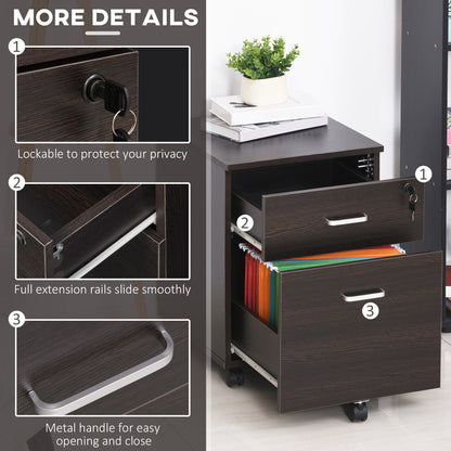 Vinsetto 2-Drawer Locking Office Filing Cabinet w/ 5 Wheels Rolling Storage Hanging A4 Cupboard Home Organisation Black Wood Grain