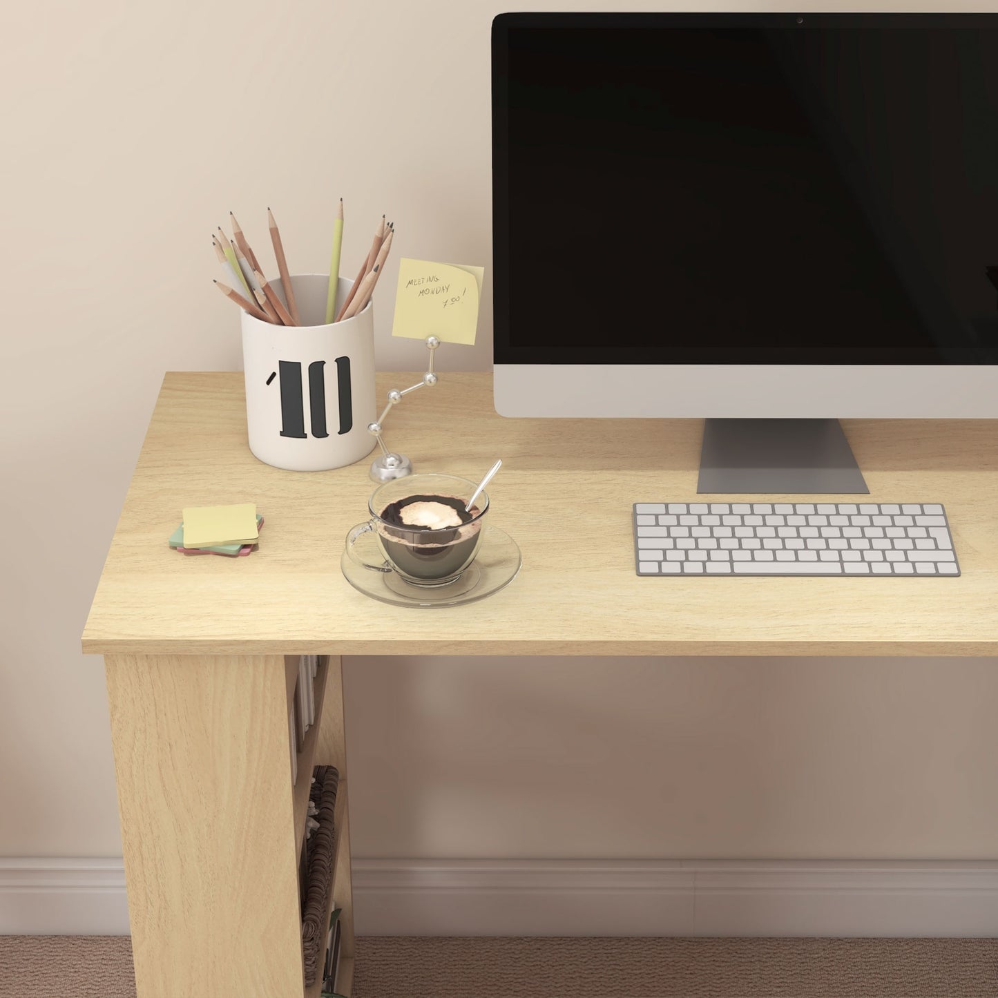 HOMCOM Corner Computer Desk, L Shaped Desk with 360° Rotating Bookshelf, 120L x 110W x 74.5H cm, Natural and White