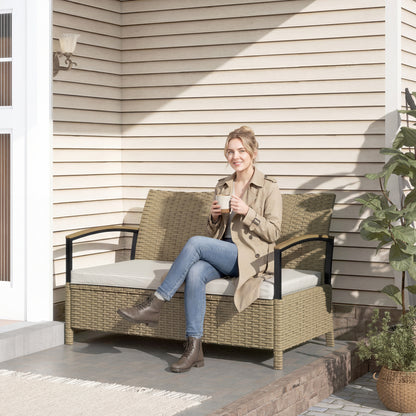 Outsunny 125L Garden Storage Bench, 2 Seater PE Rattan Outdoor Bench Storage Box with Padded Cushion, Khaki