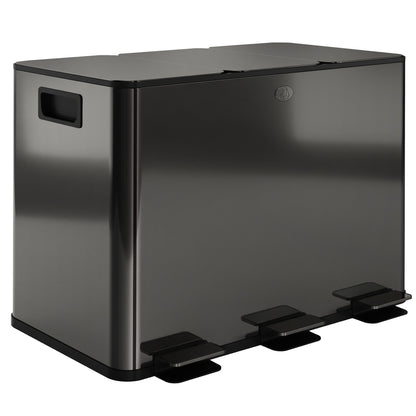 HOMCOM 3 x 15L Pedal Bin, Steel Triple Kitchen Bin with Soft Close Lid, Removable Inner Buckets, Fingerprint-Proof, Black