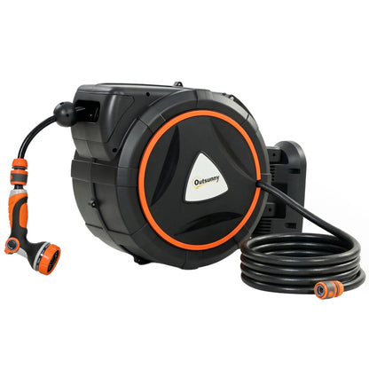 Outsunny 28+2m Retractable Hose Reel Wall Mounted with Auto Retraction, Self-Locking, Slow Return System, 12-Pattern Nozzles