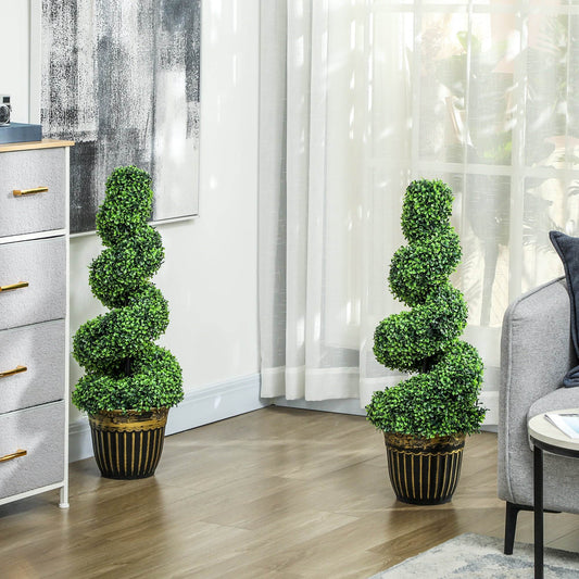 HOMCOM Set of 2 Artificial Plants, Topiary Spiral Boxwood Trees with Pot, for Home Indoor Outdoor Decor, 90cm
