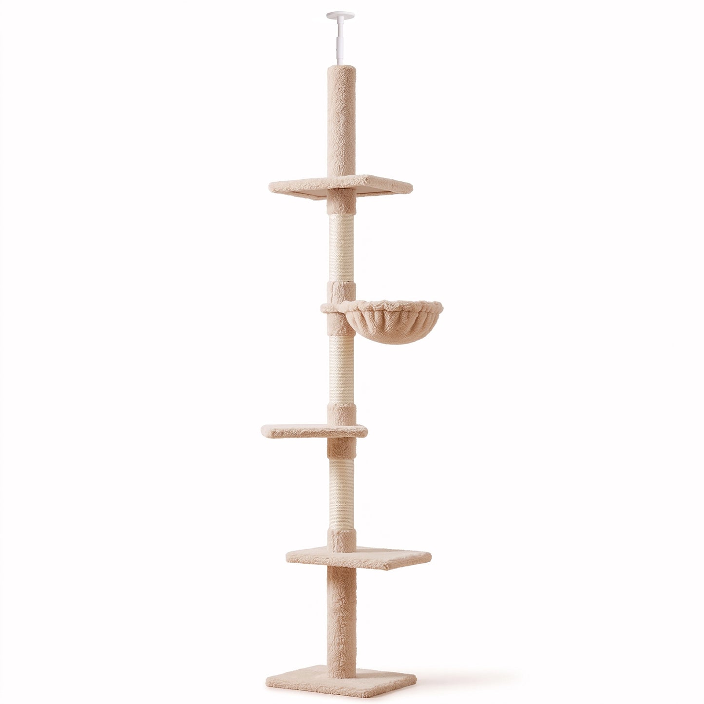 PawHut Floor to Ceiling Cat Tree 230-260cm Height Adjustable, 5-Tier Cat Tower with Scratching Posts, Hammock, Perches, Climbing Activity Centre for Indoor Kittens Playing and Relaxing, Beige