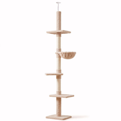 PawHut Floor to Ceiling Cat Tree 230-260cm Height Adjustable, 5-Tier Cat Tower with Scratching Posts, Hammock, Perches, Climbing Activity Centre for Indoor Kittens Playing and Relaxing, Beige
